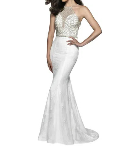 Blush Prom Beaded Lace Halterneck Gown In Diamond White In Multi