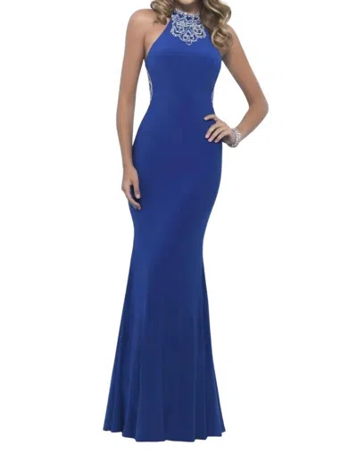 Blush Prom Bejeweled High Halter Sheath Gown In Sapphire In Blue