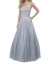Blush Prom Bejeweled Metallic Tulle Strapless Gown In Pewter In Silver