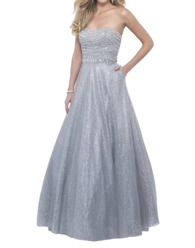Blush Prom Bejeweled Metallic Tulle Strapless Gown In Pewter In Silver