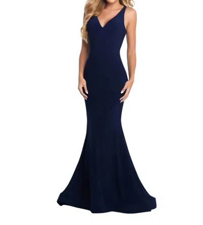 Blush Prom Crystal Beaded Back Jersey Prom Dress In Navy In Blue