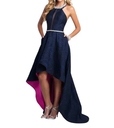 Blush Prom Crystal Encrusted Halter High Low Prom Dress In Navy/hot Pink In Multi