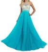 Blush Prom Crystals Embellished Halter A-line Gown In Turquoise In Blue