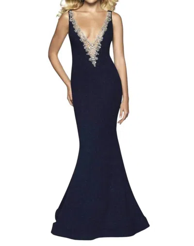 Blush Prom Embellished Glitter Jersey Evening Gown In Midnight In Multi