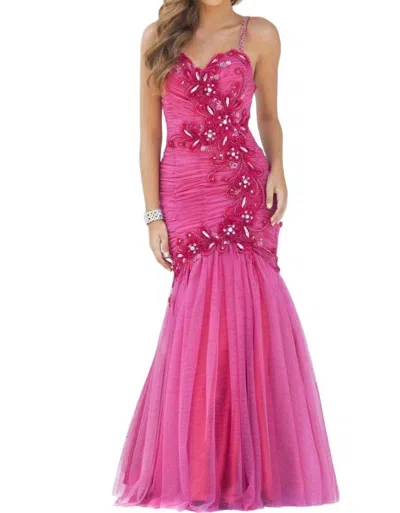 Blush Prom Floral Embellished Pleated Mermaid Gown In Berry In Pink
