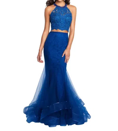 Blush Prom Halter Tulle Lace Mermaid Two Piece Gown In Navy In Blue