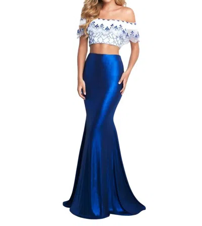 Blush Prom Hand Beaded Metallic Jersey Two Piece Gown In Off White/sapphire In Multi