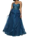 Blush Prom Hand Beaded Tulle Strapless Ruffled Gown - Plus In Teal In Blue
