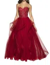 Blush Prom Hand Beaded Tulle Strapless Ruffled Gown In Carmine Red In Multi
