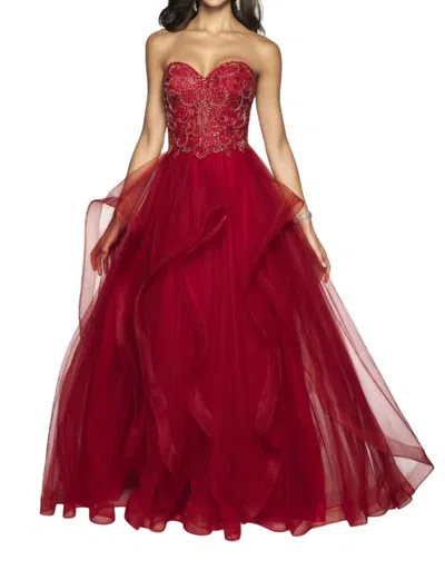 Blush Prom Hand Beaded Tulle Strapless Ruffled Gown In Carmine Red In Multi