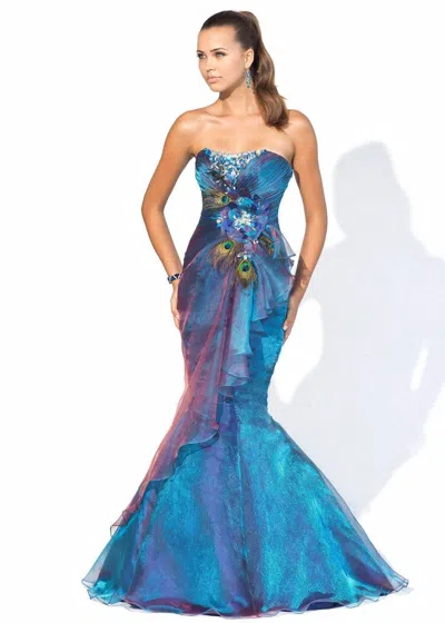 Blush Prom Iridescent Mermaid Dress With Feathers And Stones In Royal In Blue