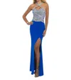 Blush Prom Jeweled Halter Neck Jersey Gown In Royal/nude/gold In Multi