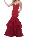 Blush Prom Lace Bodice Ruffled Mermaid Gown In Valentine In Multi