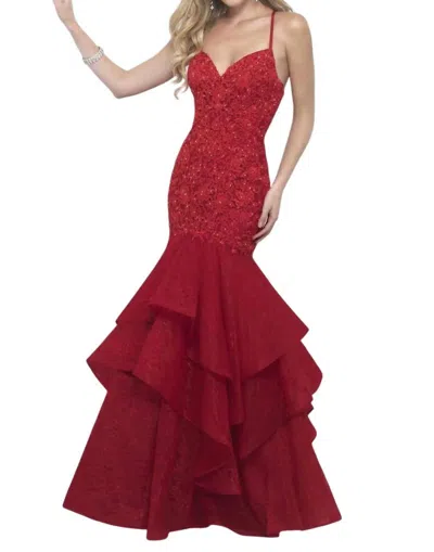 Blush Prom Lace Bodice Ruffled Mermaid Gown In Valentine In Multi
