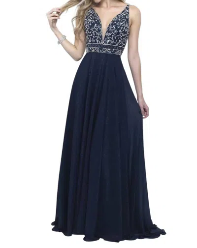Blush Prom Metallic Chiffon Deep V-neck Evening Dress In Navy In Blue