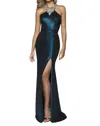 Blush Prom Metallic Jersey Gown With High Slit In Midnight Teal In Multi