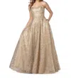 Blush Prom Metallic Lace Scoopneck Gown In Gold In Gold