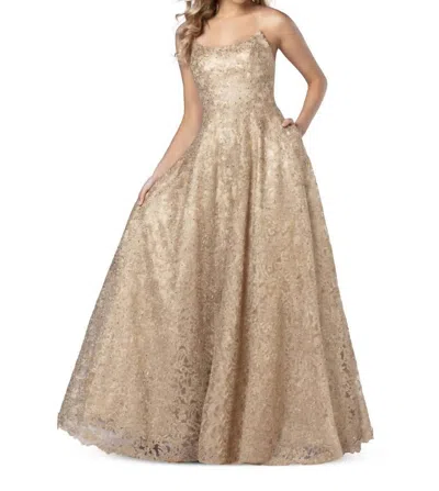 Blush Prom Metallic Lace Scoopneck Gown In Gold In Neutral