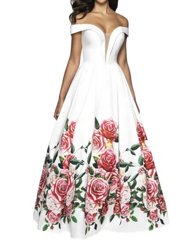 Blush Prom Off-shoulder Floral Print Ballgown In Ivory In Multi