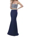Blush Prom Satin Crepe Beaded Two Piece Gown In Black Navy In Black