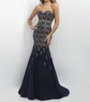 Blush Prom Satin Strapless Mermaid Gown With Glittering Bodice In Black Navy/gold In Multi