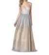 Blush Prom Sequin Deep V-neck Gown In Silver/gold In Silver