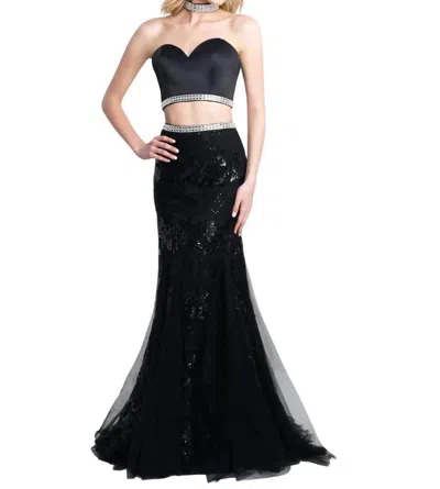 Blush Prom Sequin Satin Lace Two Piece Gown With Beaded Collar In Black