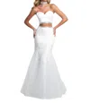 Blush Prom Sequin Satin Lace Two Piece Gown With Beaded Collar In Ivory In Multi