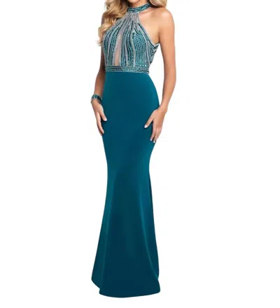 Blush Prom Sheer Beaded Keyhole Prom Dress In Evergreen In Green