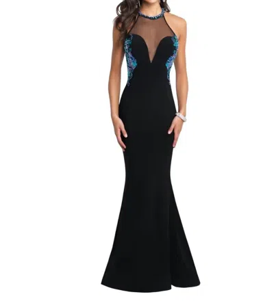 Blush Prom Sheer High Neck Beaded Prom Dress In Black/multi