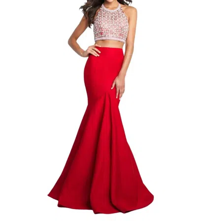 Blush Prom Soft Mikado Beaded Halterneck Two Piece Mermaid Gown In Red In Multi