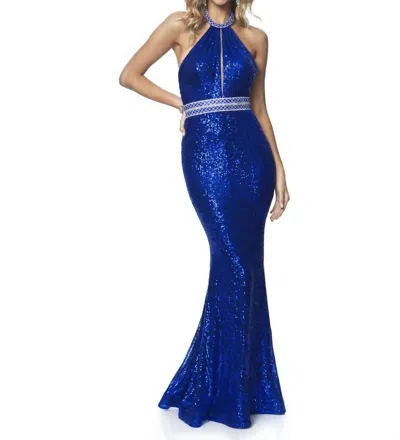 Blush Prom Stretch Sequin Halter Prom Dress In Sapphire In Blue