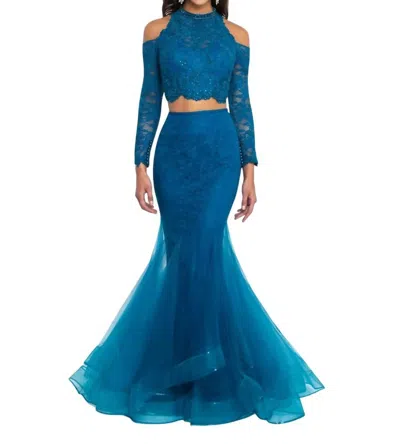 Blush Prom Tulle Lace Cold Shoulder Two Piece Gown In Teal Blue