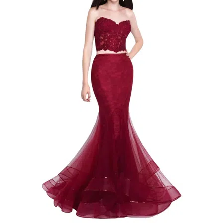 Blush Prom Tulle Lace Mermaid Two Piece Gown In Sangria In Burgundy