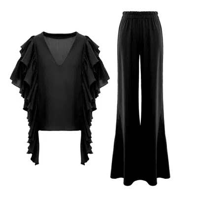 Bluzat Black Co-ord Set With Ruffle Sleeve Top & Wide Leg Trousers
