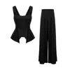 Bluzat Black Linen-style Set With Wide Legs In Black