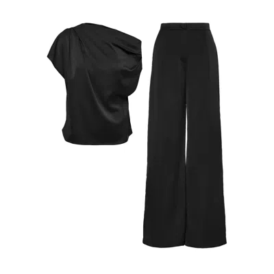Bluzat Black Set With Asymmetrical Draped Top And Wide Leg Trousers