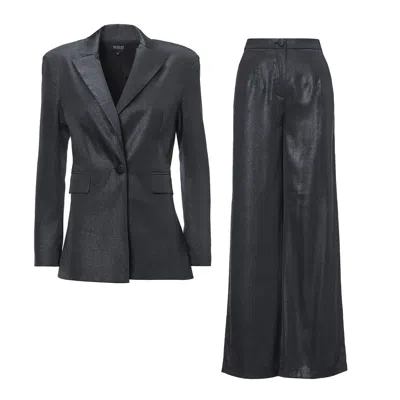 Bluzat Black Shimmery Suit With Slim Fit Blazer And Wide Leg Trousers