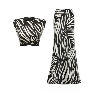 Bluzat Black / White Zebra Printed Set With Top And Maxi Skirt In Black/white