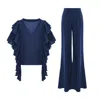 Bluzat Blue Co-ord Set With Ruffle Sleeve Top & Wide Leg Trousers In Blue