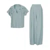 Bluzat Blue Mint Linen Set With Shirt With Pockets And Wide Leg Trousers In Blue