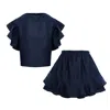 Bluzat Blue Navy Denim Co-ord Set With Ruffle Sleeve Top & Tiered Mini Skirt In Blue