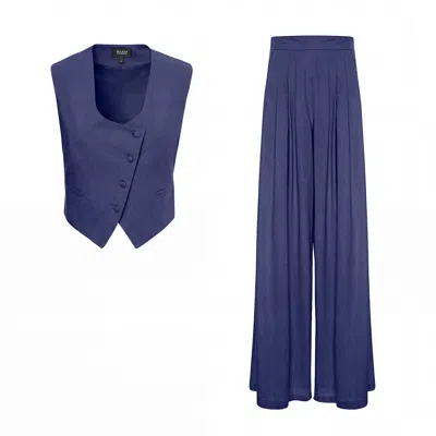 Bluzat Blue Navy Linen Set With Fitted Vest And Wide-leg Trousers
