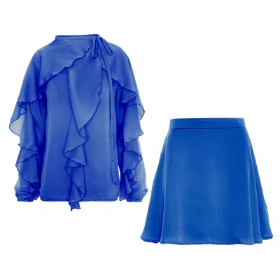 Bluzat Blue Ruffle Two-piece Set With Tie-neck Blouse