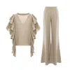 Bluzat Brown Beige Linen Co-ord Set With Ruffle Sleeve Top & Wide Leg Trousers In Brown
