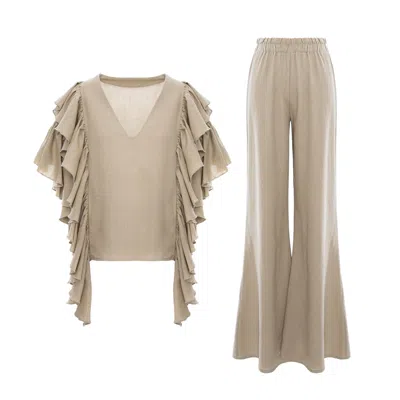Bluzat Brown Beige Linen Co-ord Set With Ruffle Sleeve Top & Wide Leg Trousers