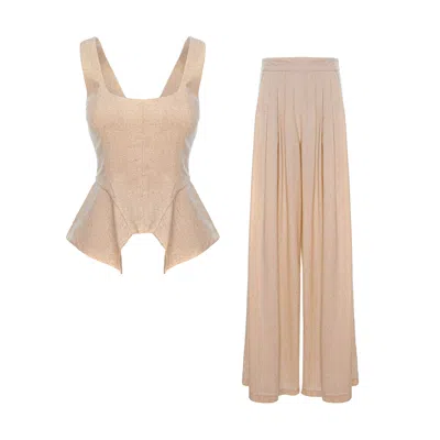 Bluzat Brown Beige Linen-style Set With Wide Legs