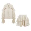 Bluzat Brown Beige Set With V Neck Shirt & Ruffle Skirt In Brown