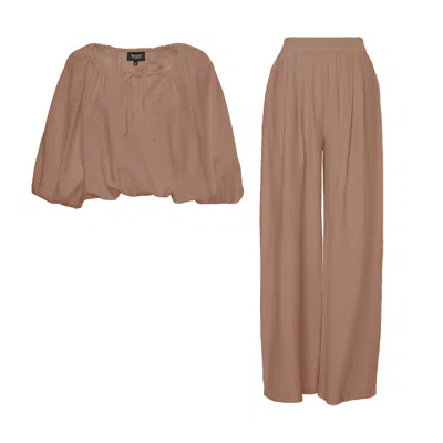 Bluzat Brown Camel Linen Matching Set With Flowy Blouse And Wide Leg Trousers