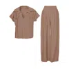 Bluzat Brown Camel Linen Set With Shirt With Pockets And Wide Leg Trousers In Brown